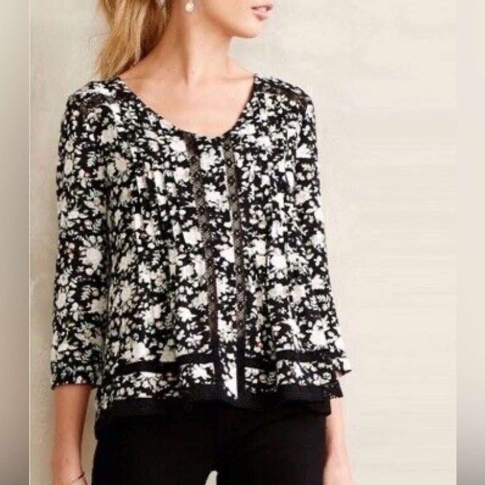 Maeve Black Floral Celyn Peasant Blouse Top Size 2